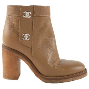 Chanel Tan Leather Ankle Boots Tuen lock  with Signature CC Hardware